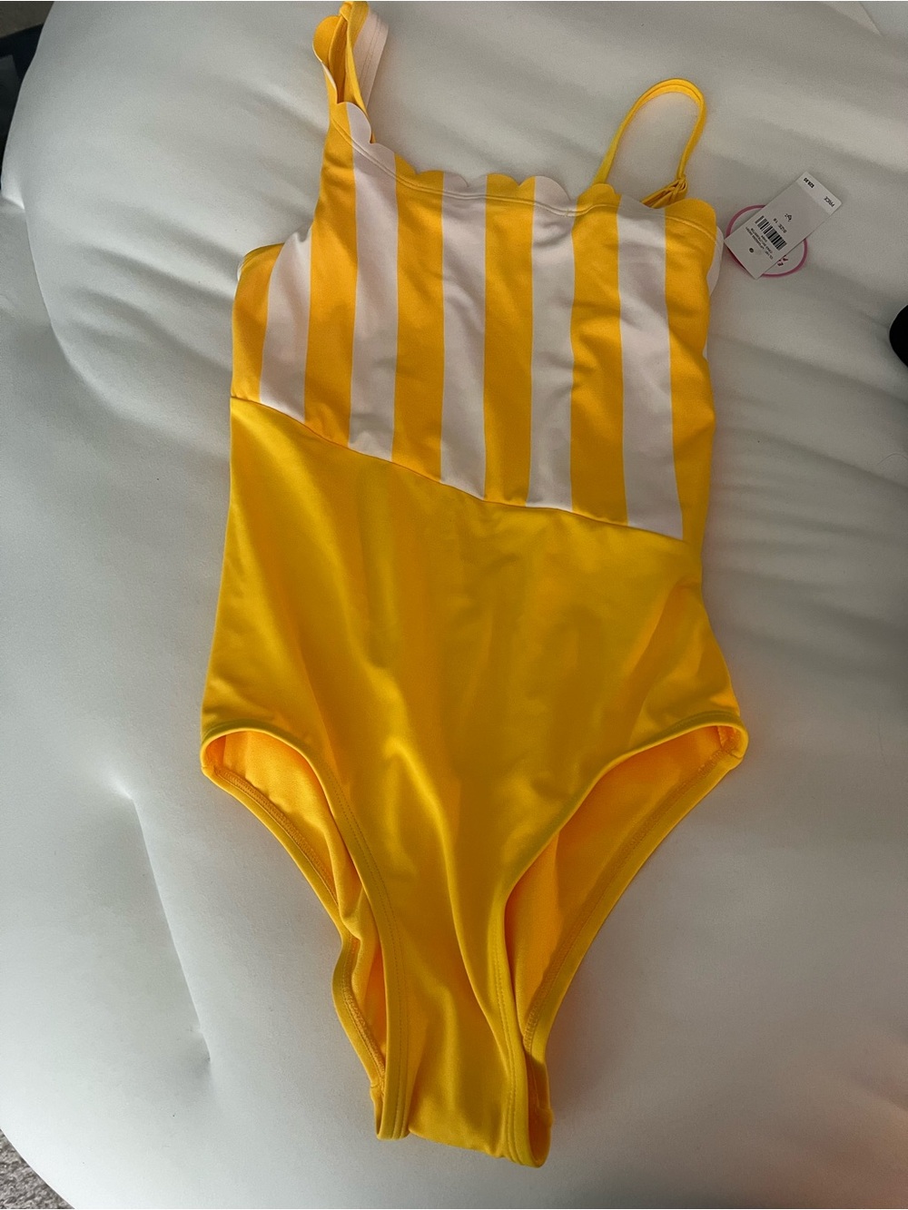 Yellow One-Piece Swimsuit with White Striped Top